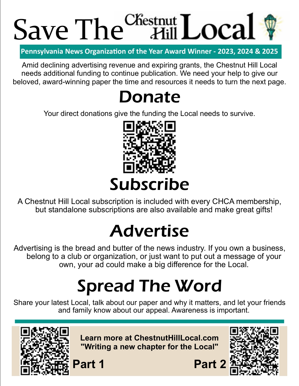 A fundraising campaign flyer for the Chestnut Hill Local newspaper.